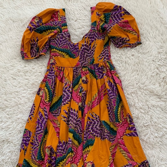NWT farm rio Macau puff sleeve midi dress in orange - Picture 10 of 11